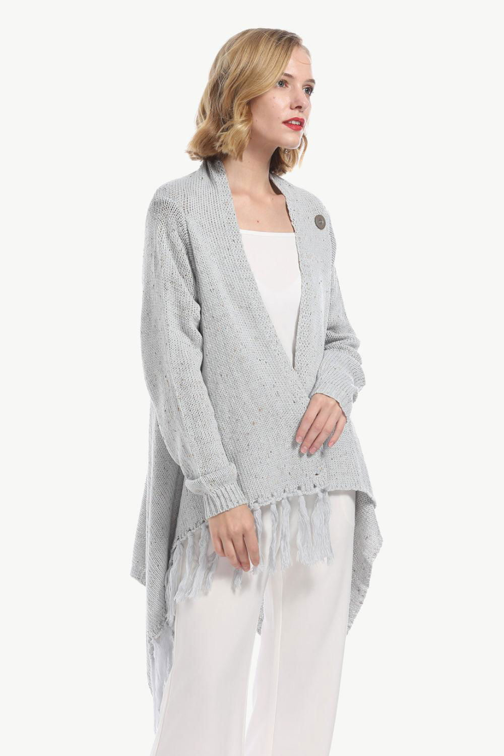 One-Button Tassel Tie Asymmetrical Hem Cardigan - Vesteeto