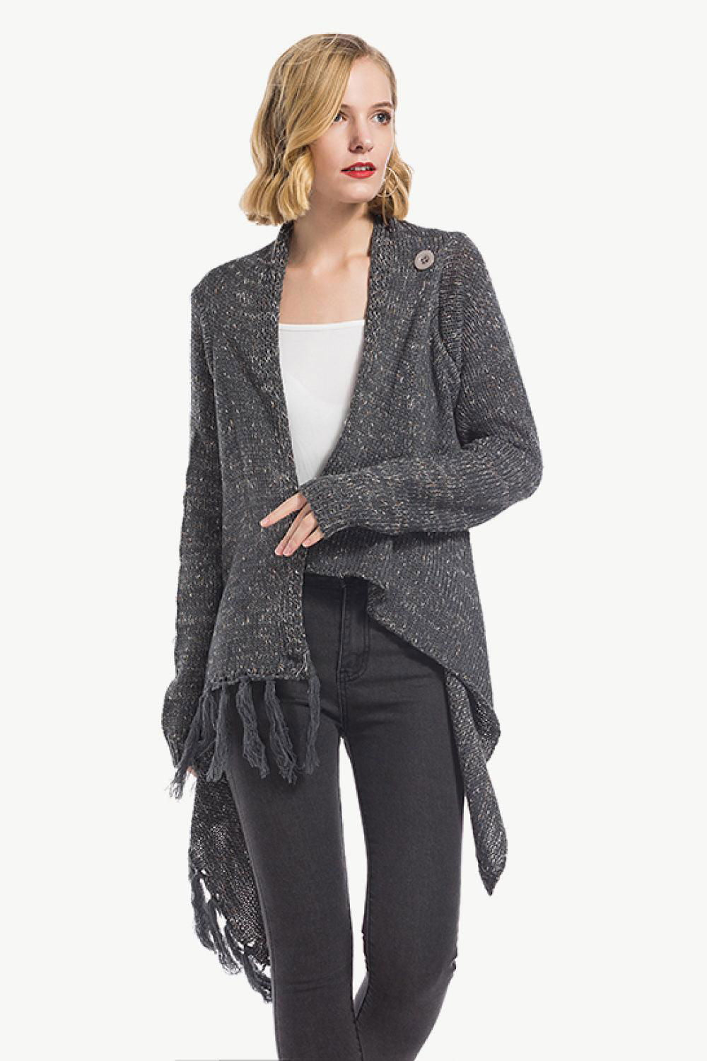 One-Button Tassel Tie Asymmetrical Hem Cardigan - Vesteeto