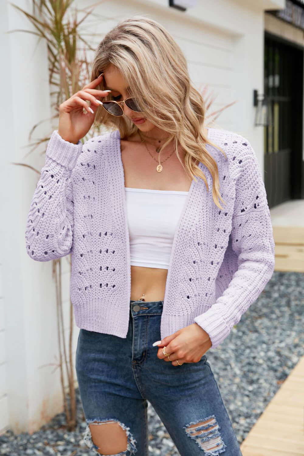 Open Front Cuffed Cropped Cardigan - Vesteeto