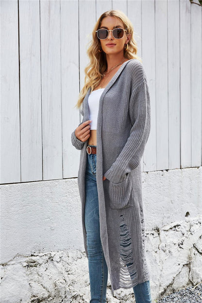 Open Front Long Sleeve Hooded Cardigan - Vesteeto