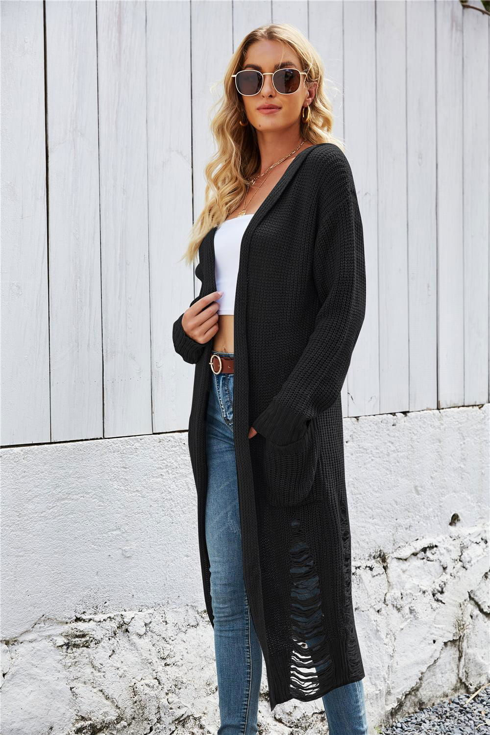 Open Front Long Sleeve Hooded Cardigan - Vesteeto