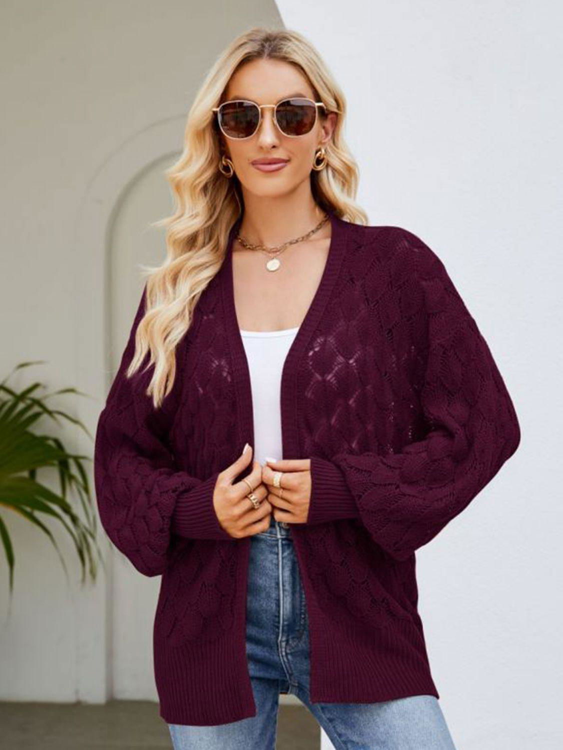 Open Front Ribbed Trim Cardigan - Vesteeto