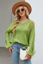 Openwork Round Neck Dropped Shoulder Knit Top - Vesteeto