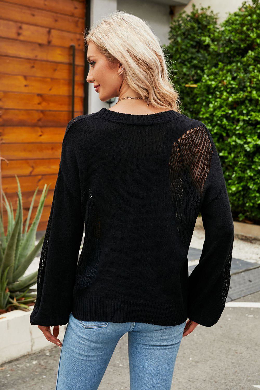 Openwork Round Neck Dropped Shoulder Knit Top - Vesteeto