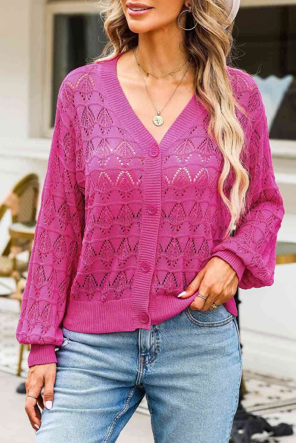 Openwork V-Neck Cardigan - Vesteeto