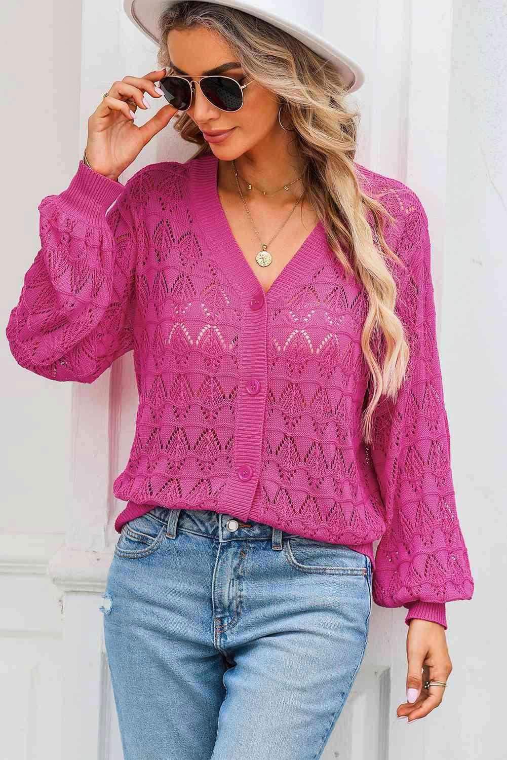 Openwork V-Neck Cardigan - Vesteeto