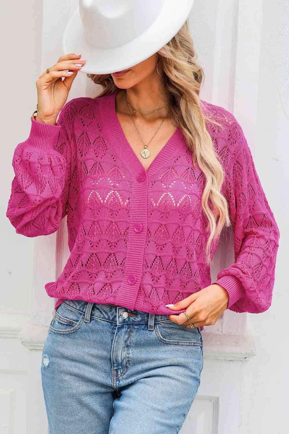 Openwork V-Neck Cardigan - Vesteeto