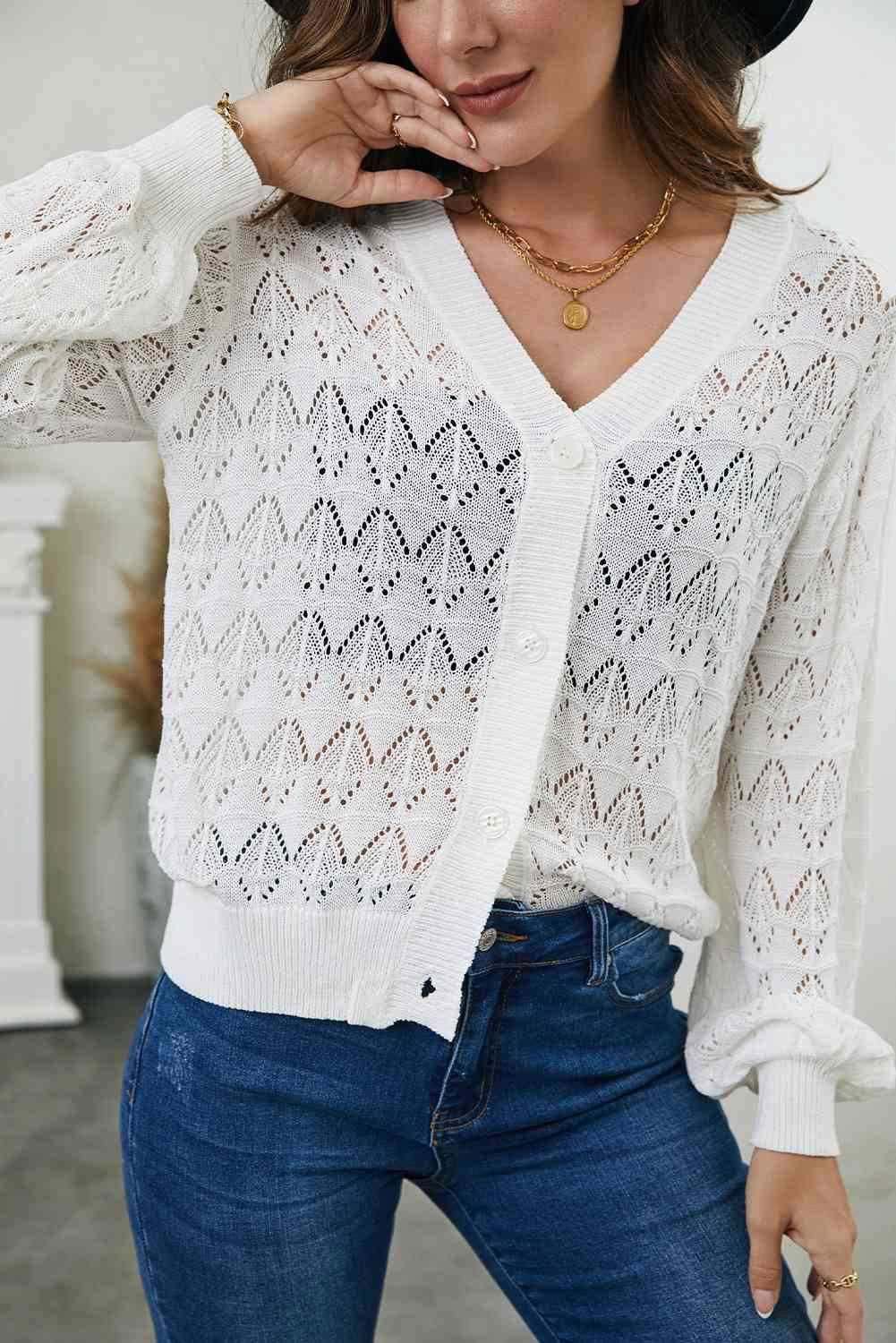 Openwork V-Neck Cardigan - Vesteeto