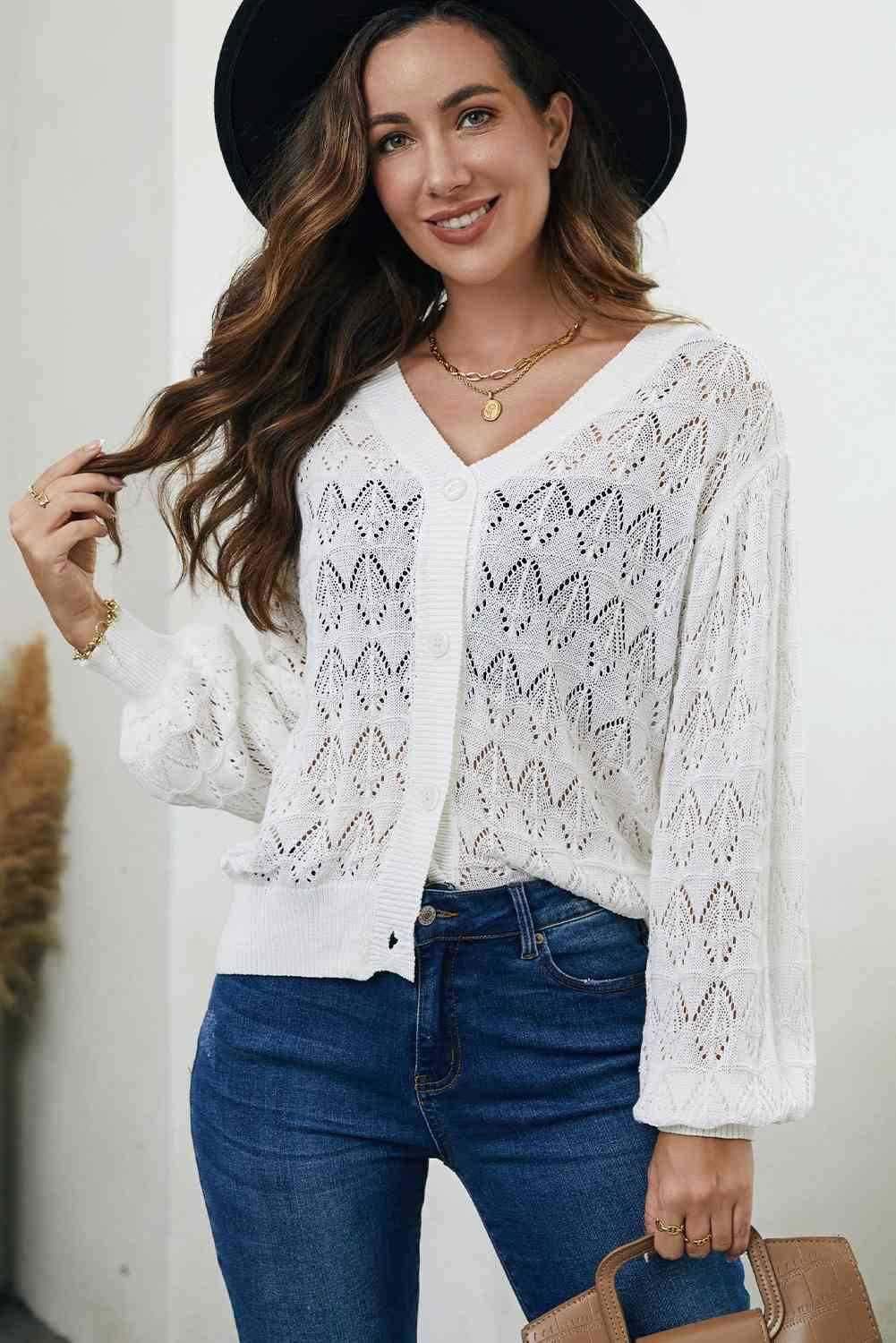 Openwork V-Neck Cardigan - Vesteeto