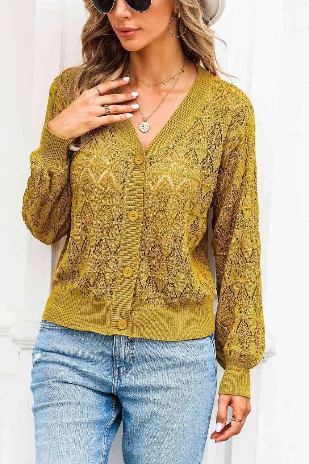 Openwork V-Neck Cardigan - Vesteeto