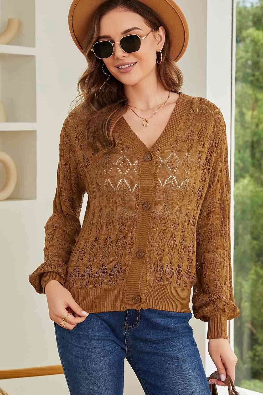 Openwork V-Neck Cardigan - Vesteeto