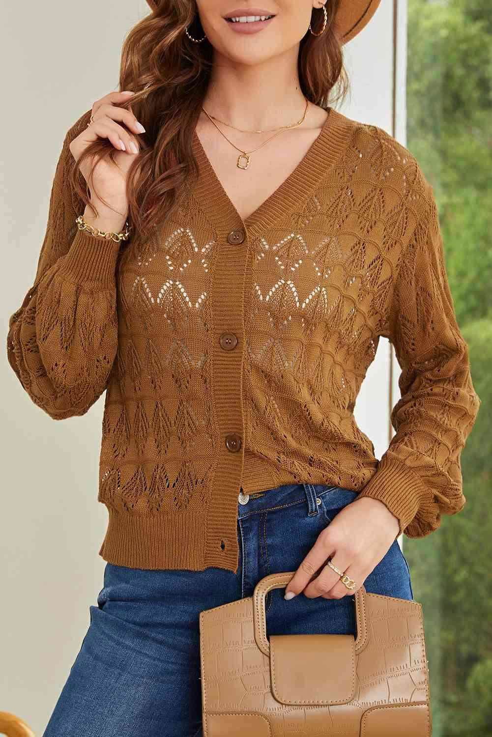 Openwork V-Neck Cardigan - Vesteeto