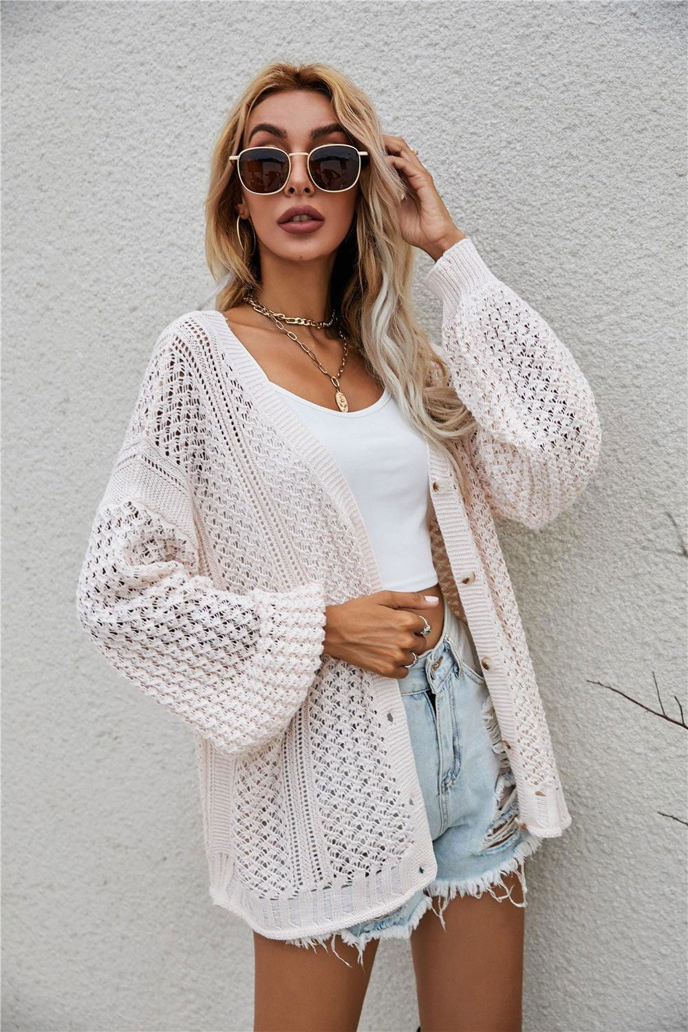 Openwork V-Neck Dropped Shoulder Cardigan - Vesteeto