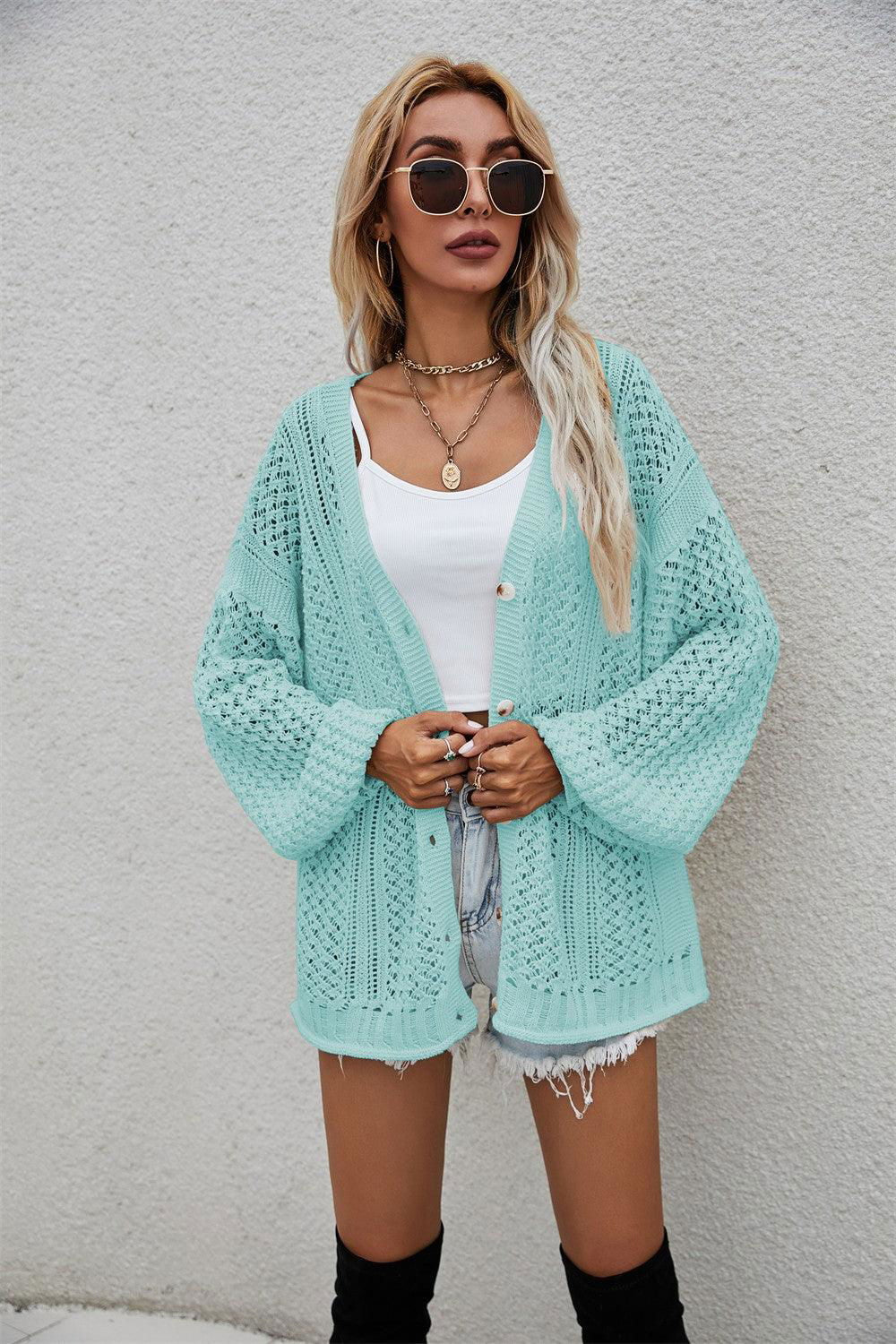 Openwork V-Neck Dropped Shoulder Cardigan - Vesteeto