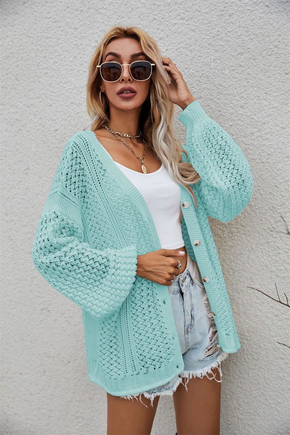 Openwork V-Neck Dropped Shoulder Cardigan - Vesteeto