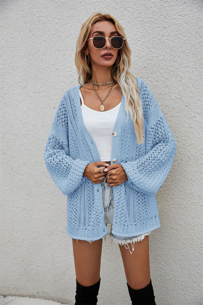 Openwork V-Neck Dropped Shoulder Cardigan - Vesteeto