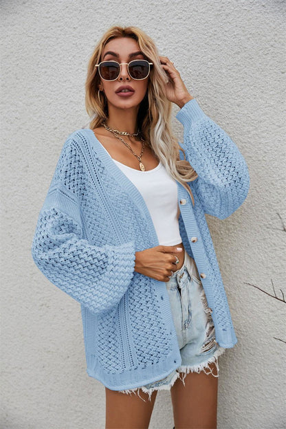 Openwork V-Neck Dropped Shoulder Cardigan - Vesteeto