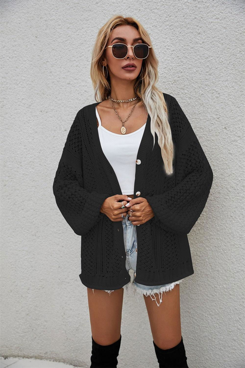 Openwork V-Neck Dropped Shoulder Cardigan - Vesteeto