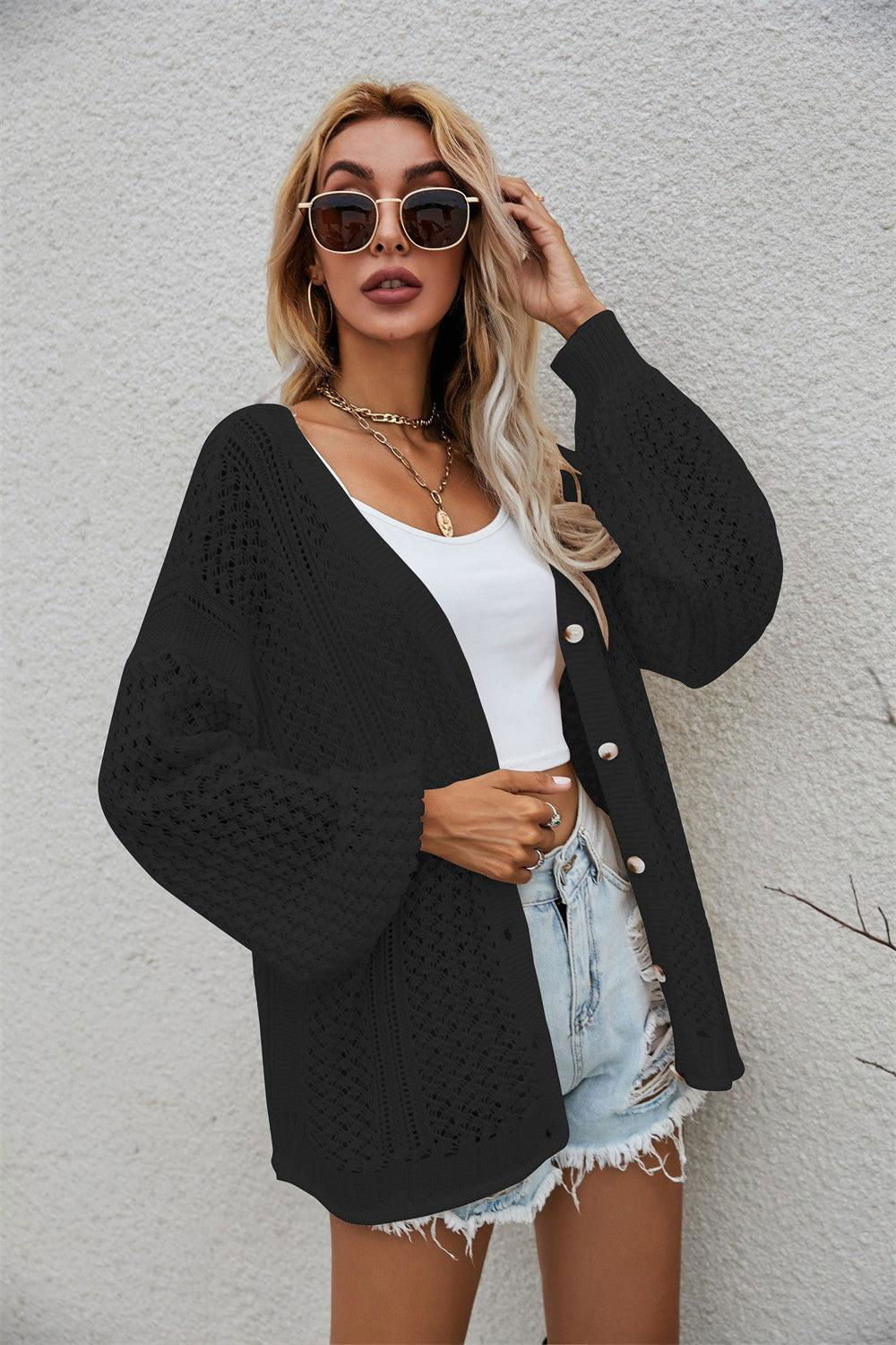 Openwork V-Neck Dropped Shoulder Cardigan - Vesteeto