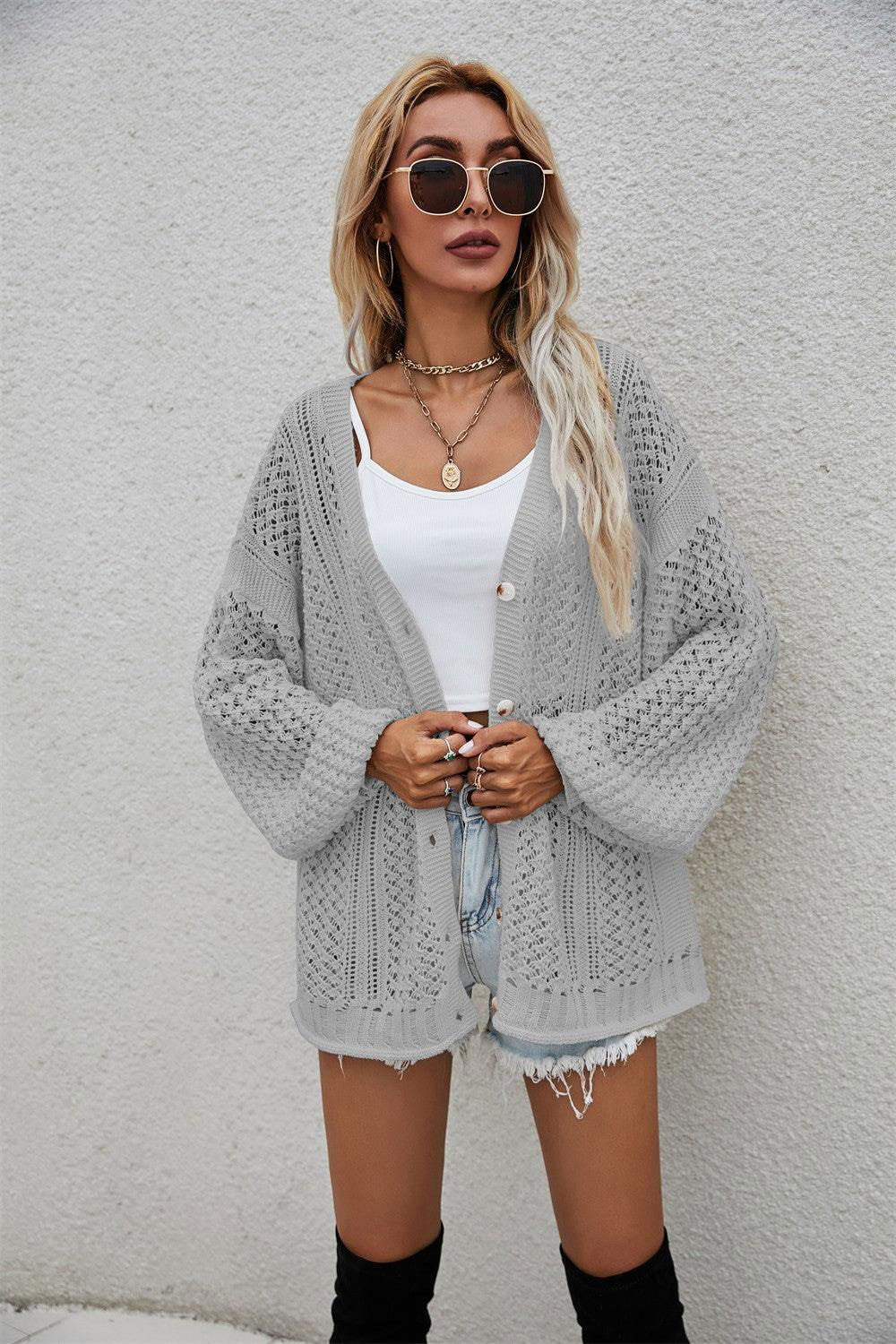 Openwork V-Neck Dropped Shoulder Cardigan - Vesteeto