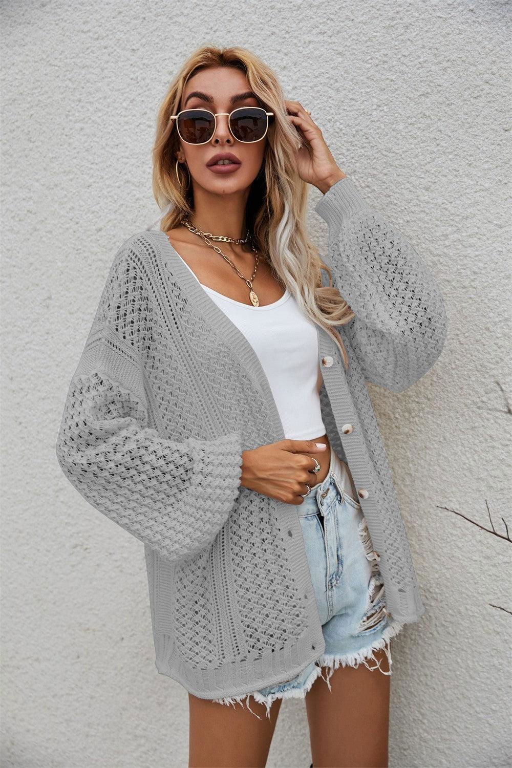 Openwork V-Neck Dropped Shoulder Cardigan - Vesteeto