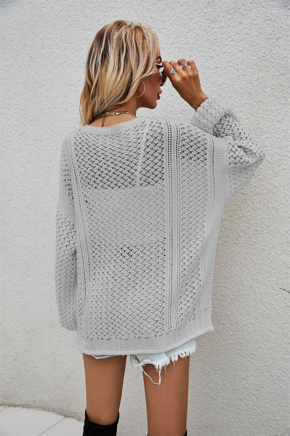 Openwork V-Neck Dropped Shoulder Cardigan - Vesteeto