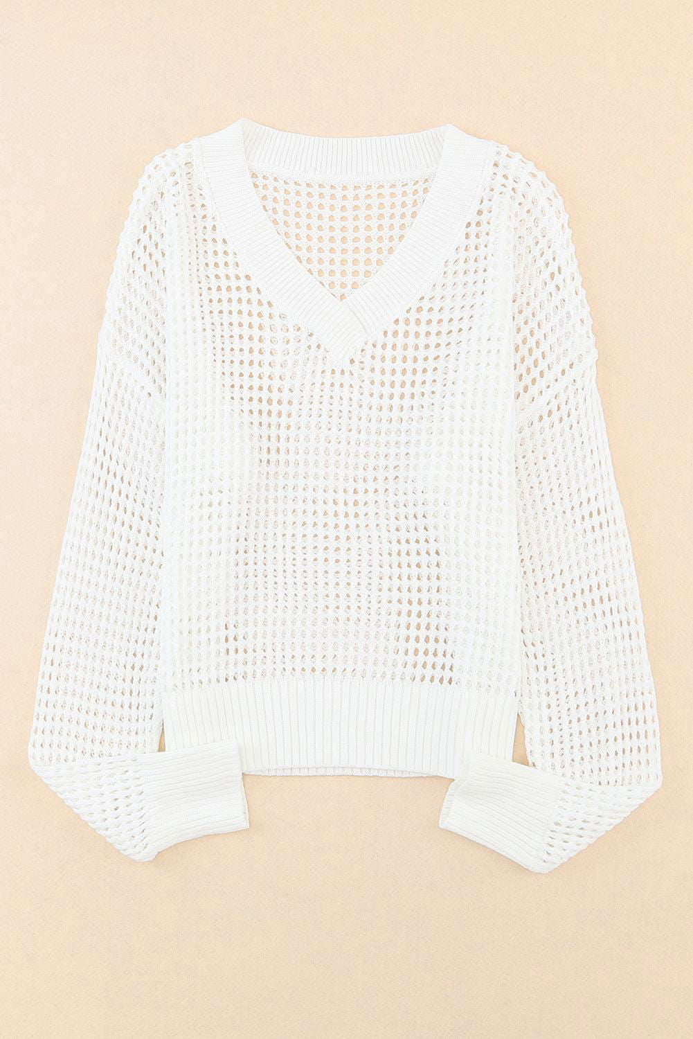 Openwork V-Neck Dropped Shoulder Knit Top - Vesteeto