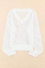 Openwork V-Neck Dropped Shoulder Knit Top - Vesteeto