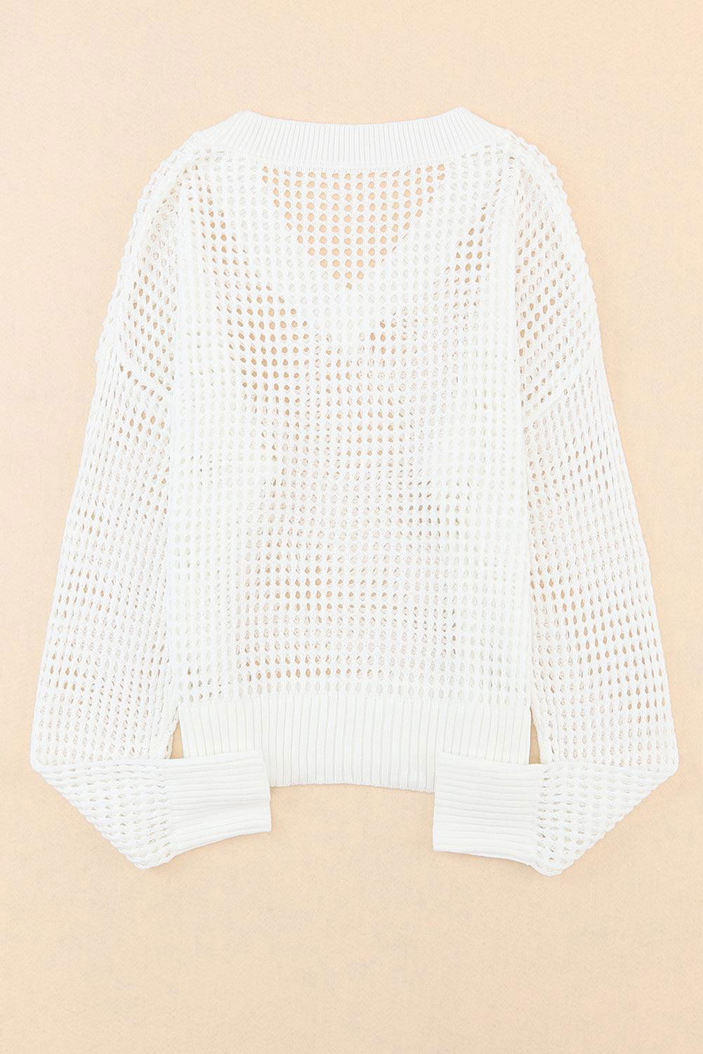 Openwork V-Neck Dropped Shoulder Knit Top - Vesteeto