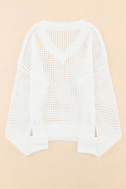 Openwork V-Neck Dropped Shoulder Knit Top - Vesteeto