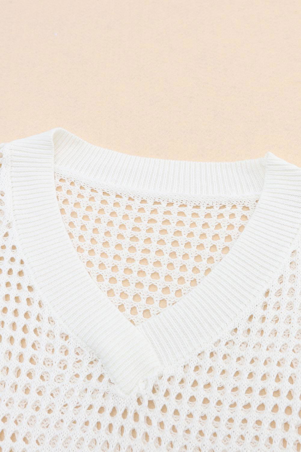 Openwork V-Neck Dropped Shoulder Knit Top - Vesteeto