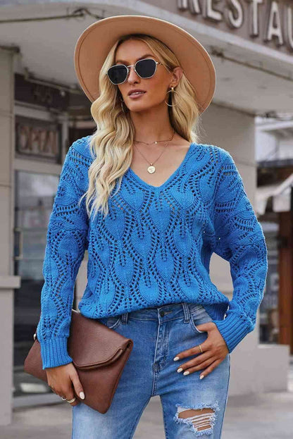 Openwork V-Neck Knit Top - Vesteeto