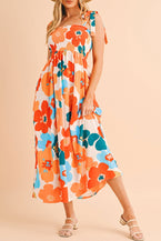 Orange 60s Floral Printed Shoulder Tie Smocked Maxi Dress - Vesteeto