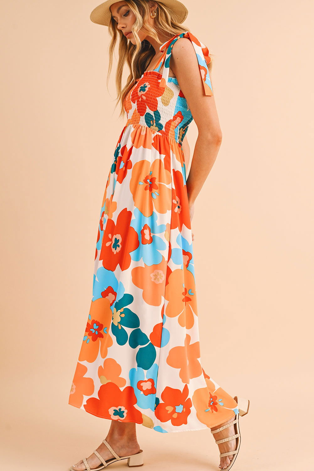 Orange 60s Floral Printed Shoulder Tie Smocked Maxi Dress - Vesteeto