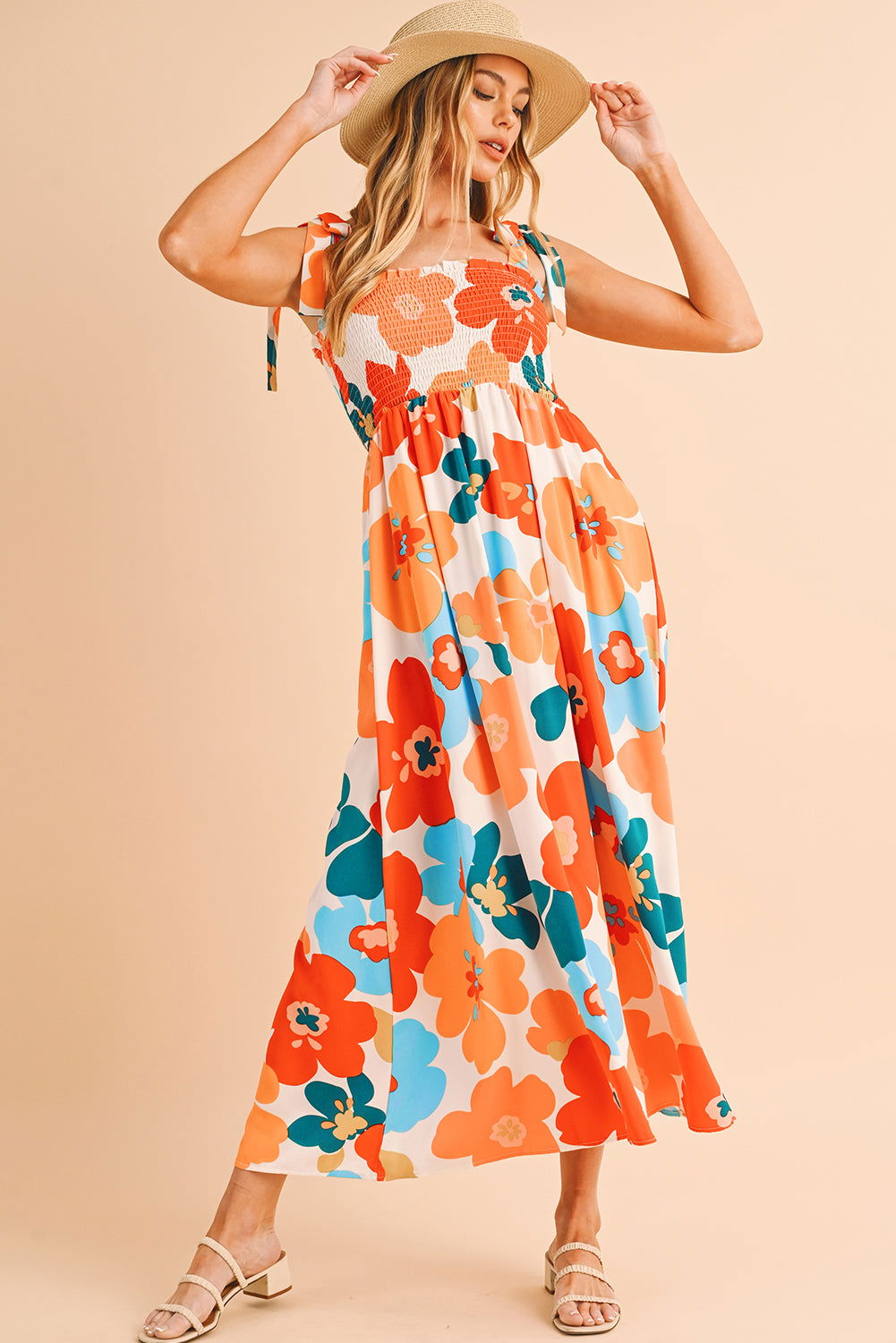 Orange 60s Floral Printed Shoulder Tie Smocked Maxi Dress - Vesteeto