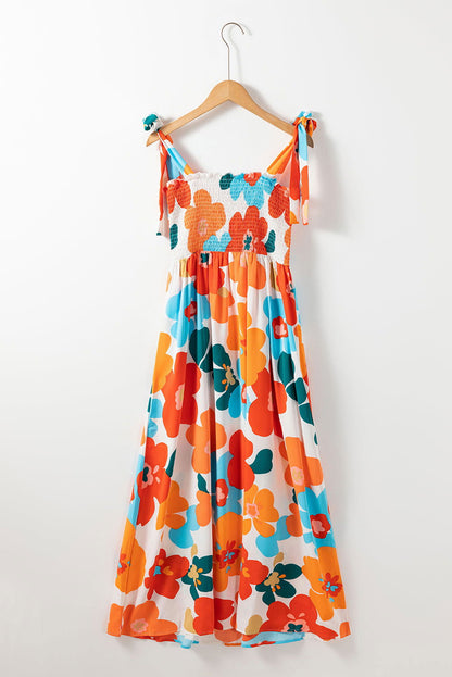 Orange 60s Floral Printed Shoulder Tie Smocked Maxi Dress - Vesteeto