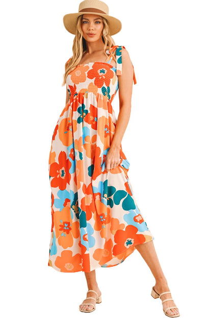 Orange 60s Floral Printed Shoulder Tie Smocked Maxi Dress - Vesteeto