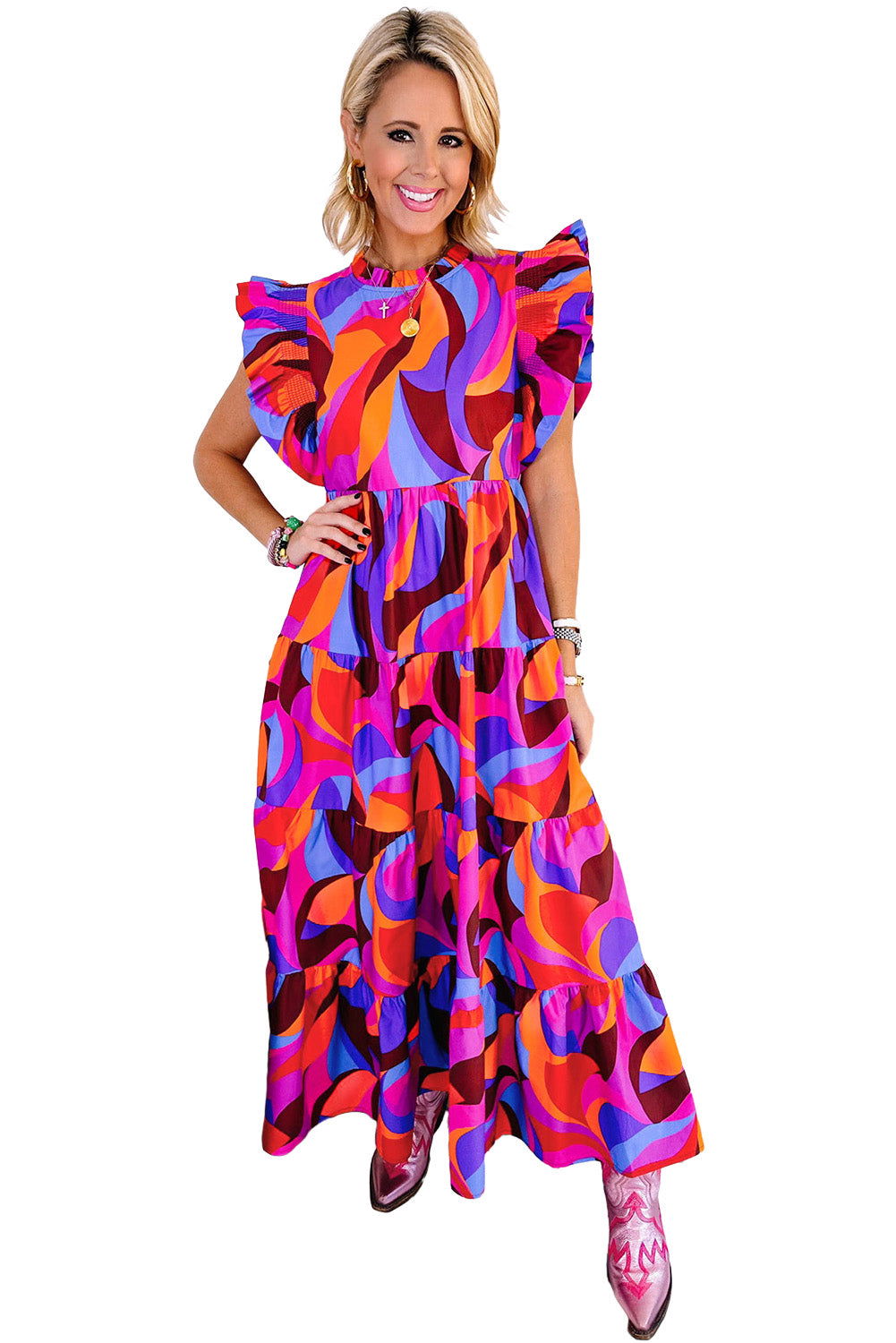 Orange Abstract Print High Waist Ruffle Tiered Maxi Dress - Vesteeto