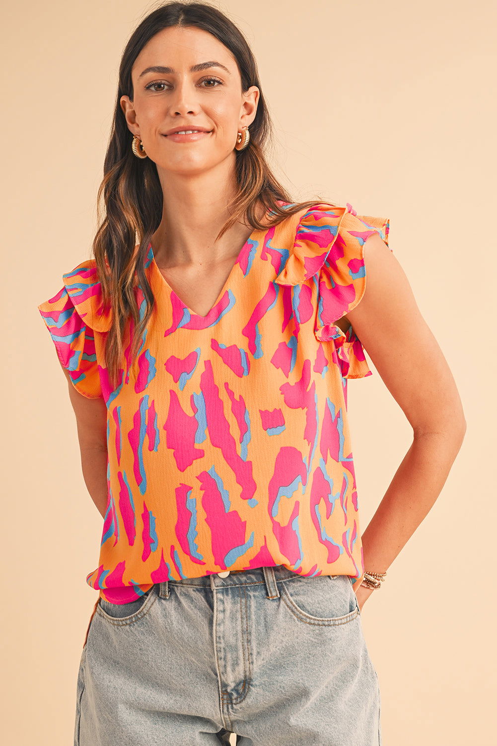 Orange Abstract Print V Neck Ruffled Sleeve Blouse - Vesteeto