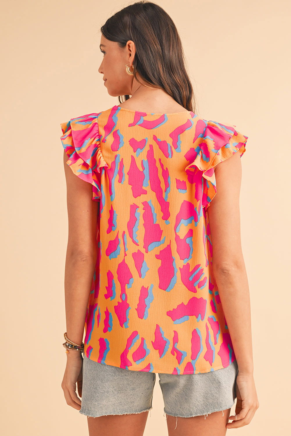 Orange Abstract Print V Neck Ruffled Sleeve Blouse - Vesteeto