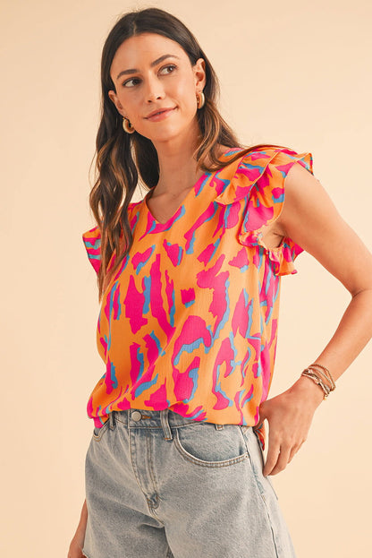 Orange Abstract Print V Neck Ruffled Sleeve Blouse - Vesteeto