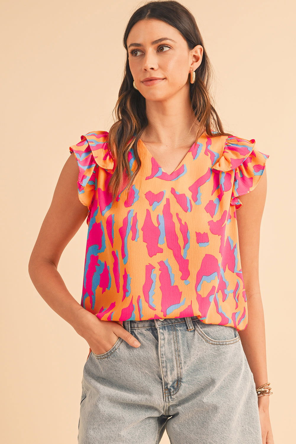 Orange Abstract Print V Neck Ruffled Sleeve Blouse - Vesteeto