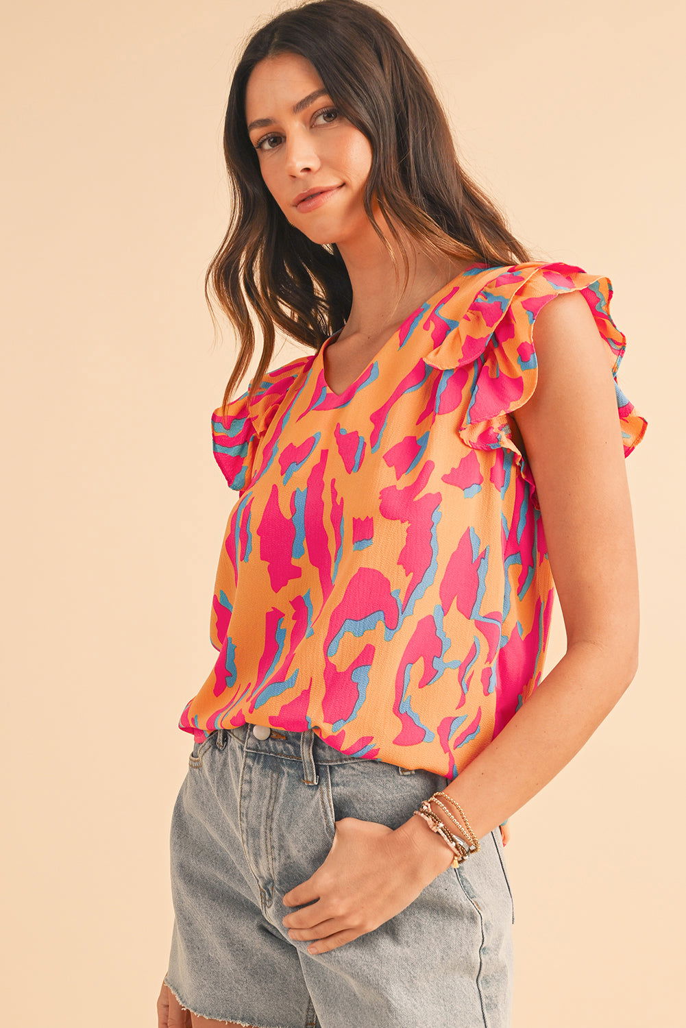 Orange Abstract Print V Neck Ruffled Sleeve Blouse - Vesteeto