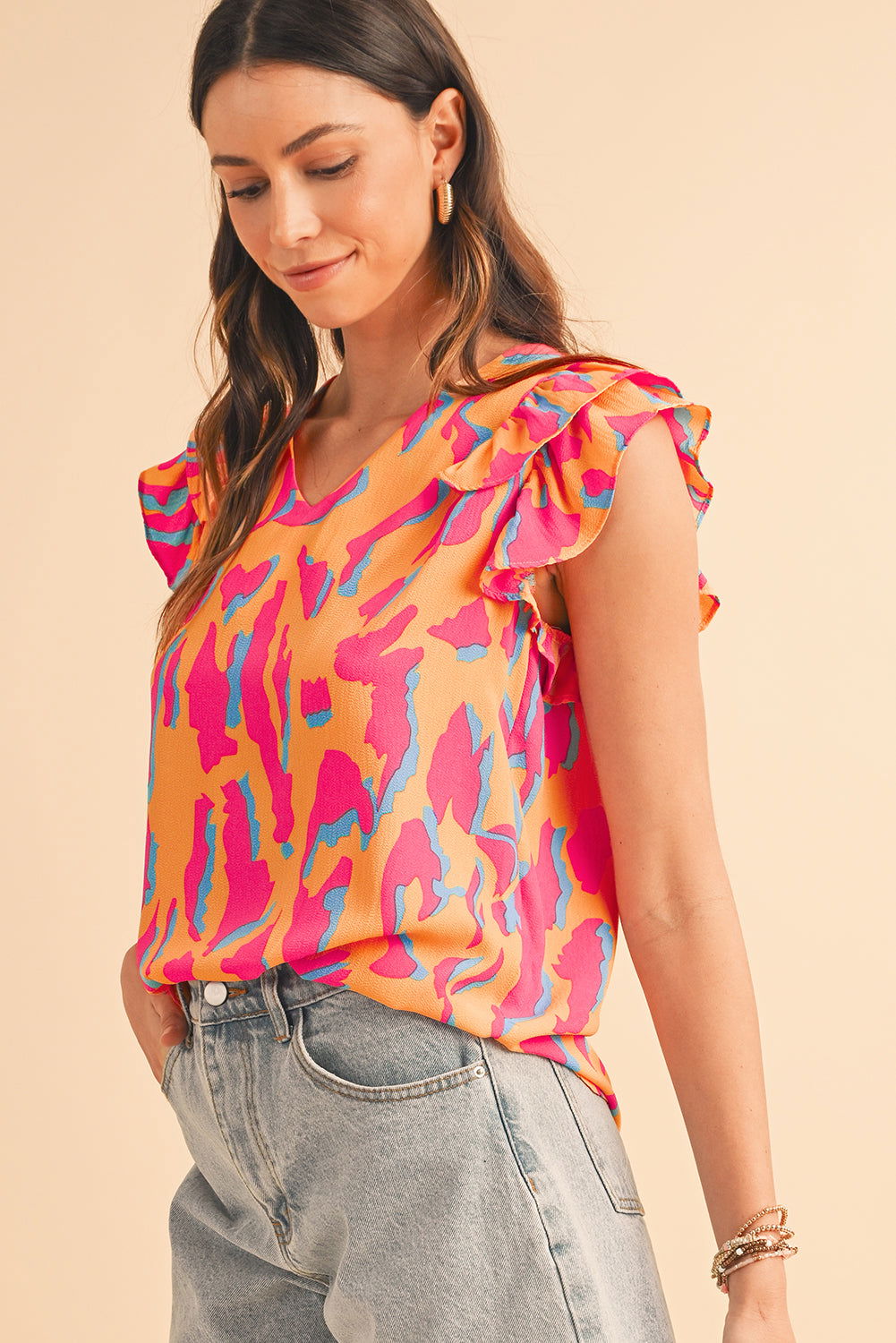 Orange Abstract Print V Neck Ruffled Sleeve Blouse - Vesteeto