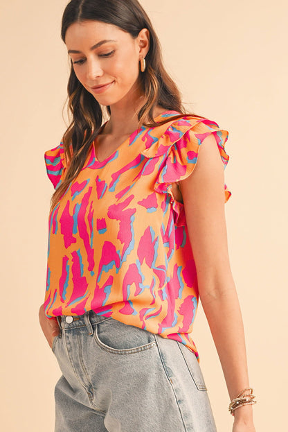 Orange Abstract Print V Neck Ruffled Sleeve Blouse - Vesteeto