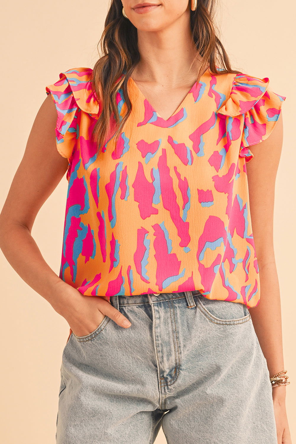 Orange Abstract Print V Neck Ruffled Sleeve Blouse - Vesteeto