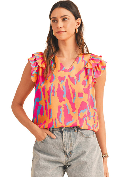 Orange Abstract Print V Neck Ruffled Sleeve Blouse - Vesteeto