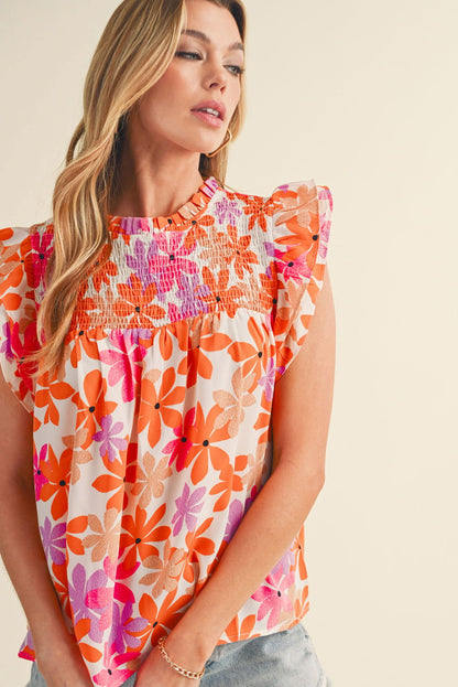 Orange Boho 60s Floral Print Ruffled Sleeve Smocked Blouse - Vesteeto