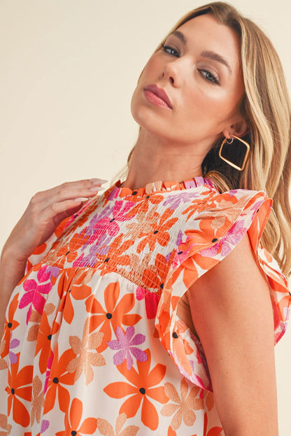 Orange Boho 60s Floral Print Ruffled Sleeve Smocked Blouse - Vesteeto