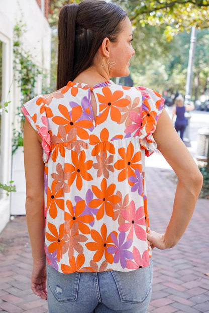 Orange Boho 60s Floral Print Ruffled Sleeve Smocked Blouse - Vesteeto